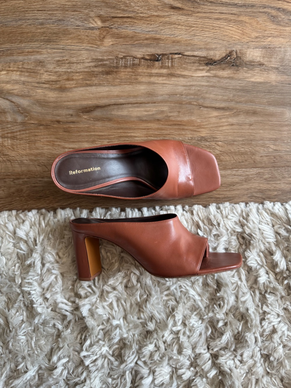 Reformation Terracotta Leather Open-Toe Block Heel Mules
